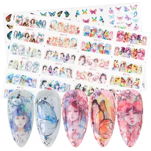 Nagelkunst-Aufkleber Wassertransfer Schmetterling Anime Mädchen Porträt Sternenhimmel Design Für Damen DIY Maniküre Dekoration