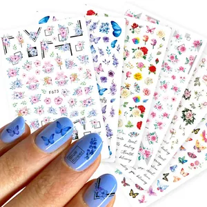 Set adesivi unghie vintage con rose colorate e motivi a farfalla blu
