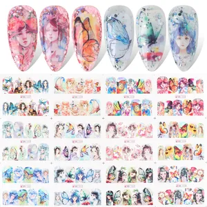 Aquarell-Nagelaufkleber-Set mit Schmetterling, Anime-Mädchen und floralen Motiven (12 Bögen)
