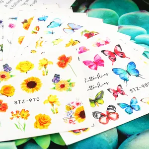 Detailed view of floral and butterfly nail art water decals STZ-970 and STZ-989 designs