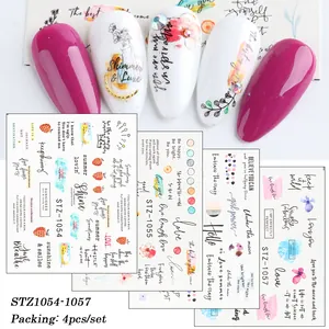 Fashionable nail art stickers set featuring English letters, floral, and heart patterns