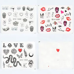 Detailed views of nail stickers featuring snakes, skulls, hearts, and gothic art motifs