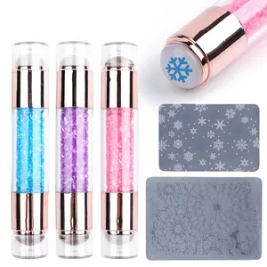 Dual Ended Nail Art Stamper With Scrapers Silicone Head Crystal Handle Rose Gold Metal Nail Stamping Tool For DIY Women
