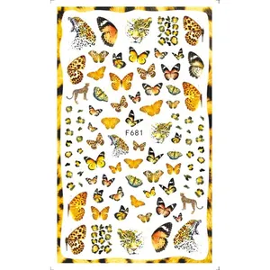 Foglio dettagliato di adesivi nail art con farfalle e leopardo, codice modello F681