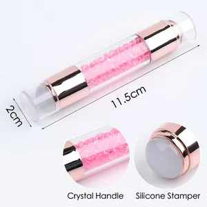 Double-ended nail art stamper with crystal handle and silicone heads, 11.5cm length
