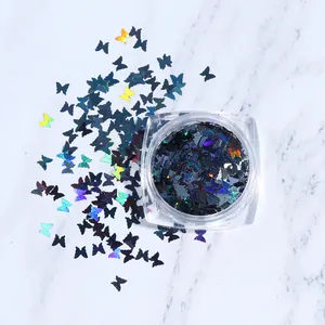 Holografische schwarze Schmetterling-Nagelglitzer in Runddose für Nagelkunst und DIY-Deko