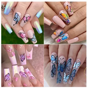 Autocollants à ongles papillon laser avec paillettes colorées et motifs variés