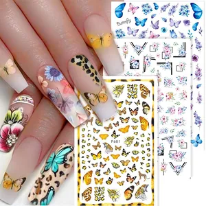 Retro Orecchini Adesivi Unghie Farfalla Fiore Stampa Leopardata 3D Autoadesivi Decalcomanie per Fai da Te Decorazione Donna Accessori Manicure