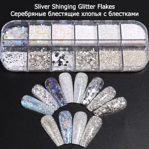 12-grid silver laser nail glitter set with mirror reflective hexagonal flakes and powder