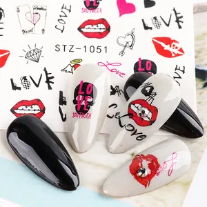Detail of STZ-1051 nail stickers with red lips, hearts and street style motifs