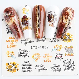 Detail of STZ-1059 nail stickers with snakeskin, floral patterns and English phrases