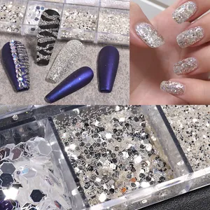 Iridescent silver nail glitter sequins set in clear storage box for shining nail art