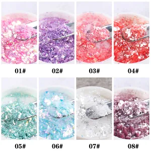 Set of 8 iridescent opal nail glitters in candy colors with aurora shifting flakes
