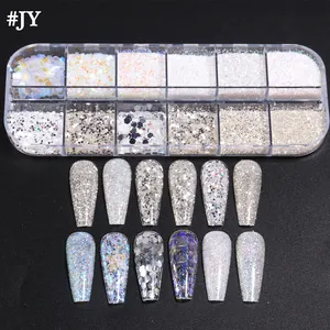 Macro detail of 12-grid laser silver nail glitter set with various shapes and flakes