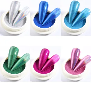 Nail art chrome powder set with six metallic laser mirror effect colors and applicators
