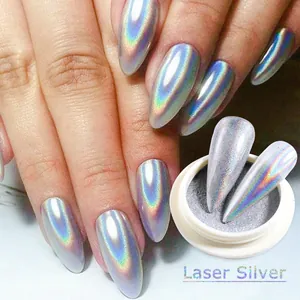 Laser silver nail powder set with holographic rainbow effect and applicator brush