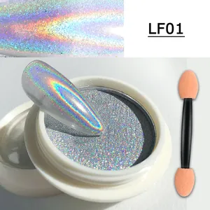 Detail of LF01 aurora nail mirror powder set with holographic laser finish and applicator brush