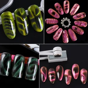 Kit de imanes para manicura ojo de gato mostrando efectos 3D en uñas postizas de colores