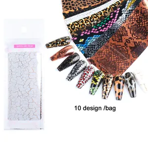 Detailed set of 10 animal print nail foil designs including leopard and snake patterns