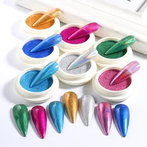 Detailed set of seven aurora nail powders with high-gloss metallic finish and rainbow effect