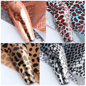Detailed animal print nail foil transfers with leopard and snake skin patterns for manicure