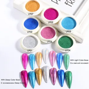 Detail view of 7 aurora nail powder shades showing light and dark base color effects