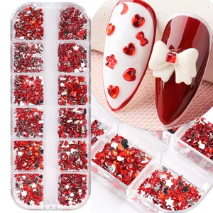 12-grid nail art set with red resin hearts, stars and glass rhinestones in organizer box