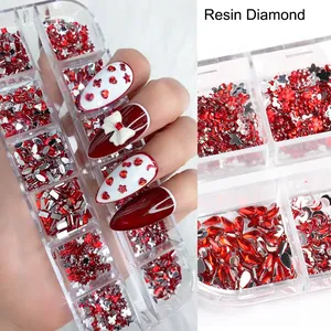 Red and silver resin nail art charms kit with heart and star shapes in 12-grid box