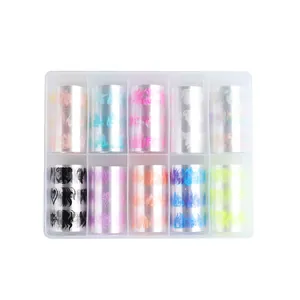 Set di 10 pellicole per nail art a fiamma olografica in scatola trasparente