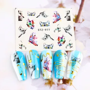 Nagelaufkleber STZ-977 mit Aquarell-Schmetterling- und Katzenmotiven für Maniküre