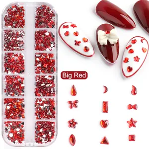 Detailed view of 12-grid nail art kit with red heart and star shaped resin rhinestones
