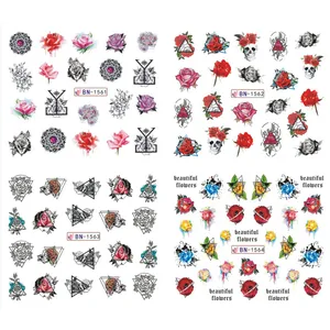 Détails d'autocollants pour ongles avec motifs de roses, papillons et têtes de mort