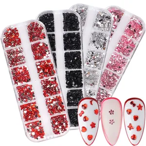 Detail of 4-pack 12-grid nail art kit with resin heart, star gems and 3D display