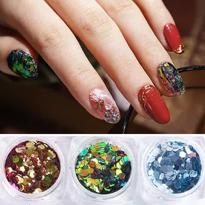 Holographic hexagonal nail sequins set in three colors for DIY manicure art