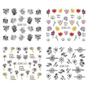 Vues détaillées de décalcomanies nail art fleurs et papillons, modèles BN-1565 à BN-1568