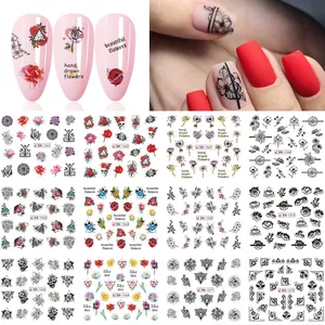 Décalcomanies à l'eau pour ongles avec roses colorées et papillons en 12 motifs variés