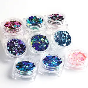 Set of 8 iridescent hexagonal nail glitters in jars for professional manicure art DIY