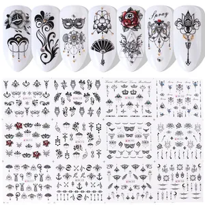 Vue détaillée de stickers pour ongles à fleurs et papillons avec motifs de lignes noires