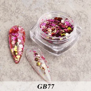 Macro shot of GB77 pink laser hexagonal nail glitter flakes in a square clear jar
