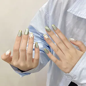 Handmade Press On Nails Sage Green White 3D Flower Cat Eye Design Glossy Resin Fake Nails For Women Summer Daily Manicure