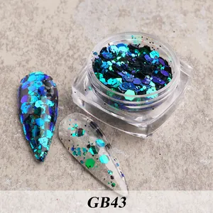 Macro view of iridescent hexagonal chunky nail glitter in blue, green, and purple shades