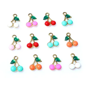 Set of 12 colorful cherry charms in gold stainless steel for DIY jewelry making