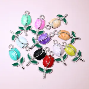 Enamel Tulip Rose Flower Bud DIY Jewelry Charms Zinc Alloy Pendant For Handmade Necklace Bracelet Earring Making Accessories