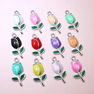 Set of 12 colorful tulip flower pendants for DIY jewelry making with alloy and enamel