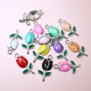Colorful 21x10mm tulip flower charms with green leaves and hanging loops for DIY jewelry