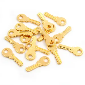 Makroaufnahme mehrerer goldener Legierungs-Schlüsselanhänger für DIY-Schmuck auf weißem Grund