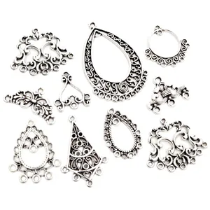 Set of vintage silver alloy hollow floral pendants and connectors for DIY jewelry making