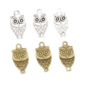 Alloy owl charms for DIY jewelry making in silver and bronze finishes with feather texture