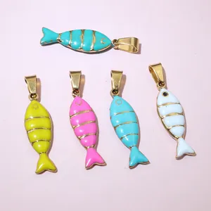 Golden striped fish pendants with colorful enamel for DIY jewelry making and necklaces