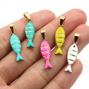 Golden fish pendants in blue, pink, and yellow enamel for DIY necklace jewelry making